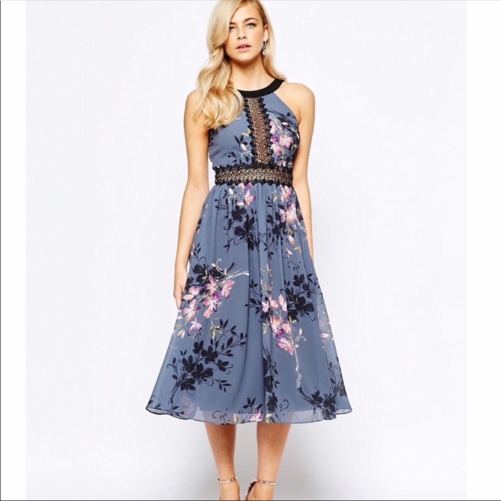 Little Mistress High Neck Midi Dress w/Lace Inset